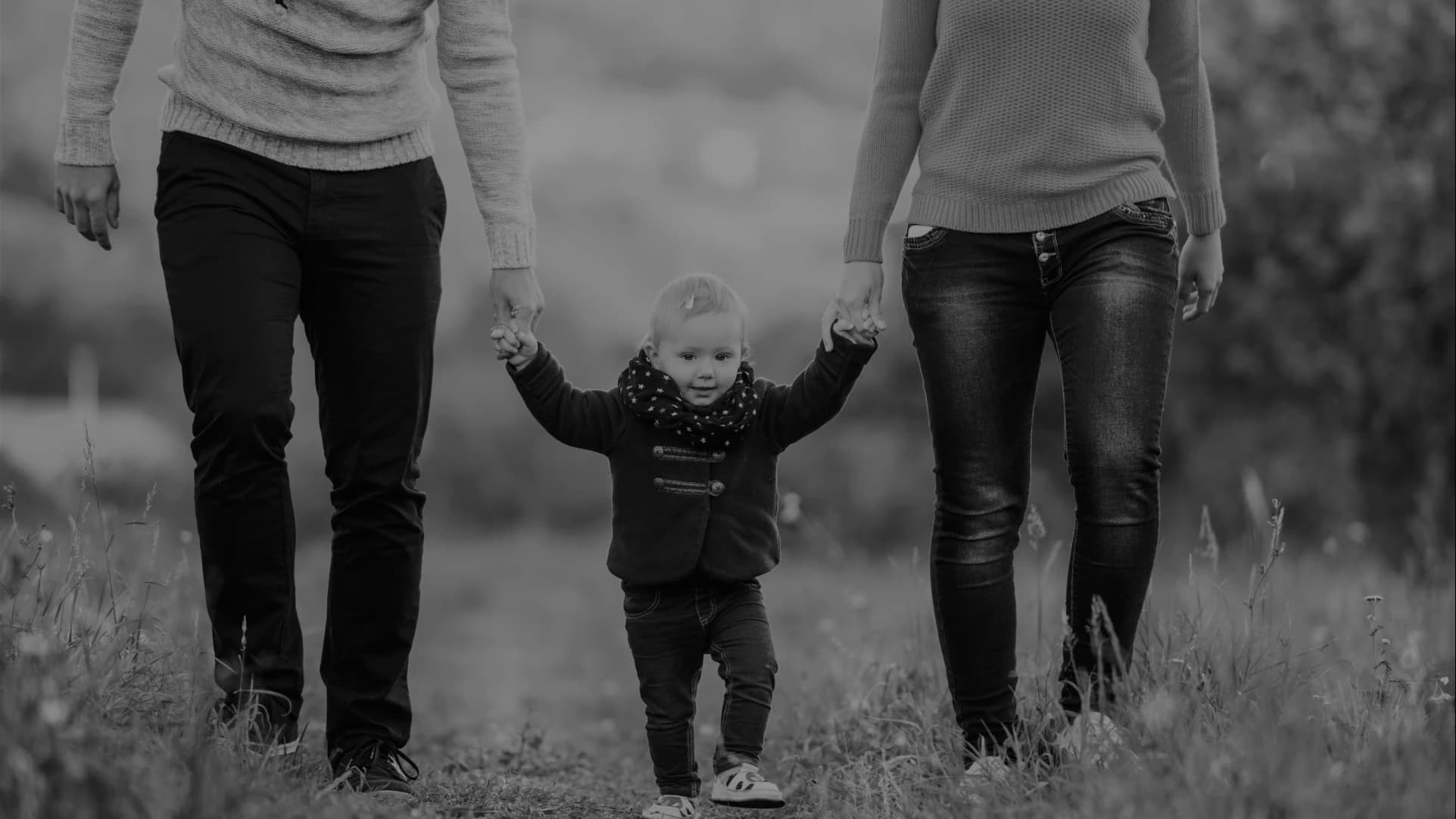 Parents walk through a sunlit field, holding the hands of their toddler between them